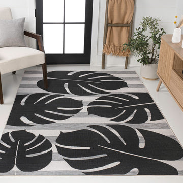 Allison Classic Beach Stripe And Monstera Leaf Indoor/Outdoor Area Rug